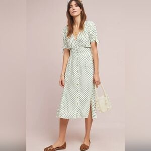 Anthropologie Faithfull the Brand Lula Midi Dress, Green and White Polka Dot 6/M